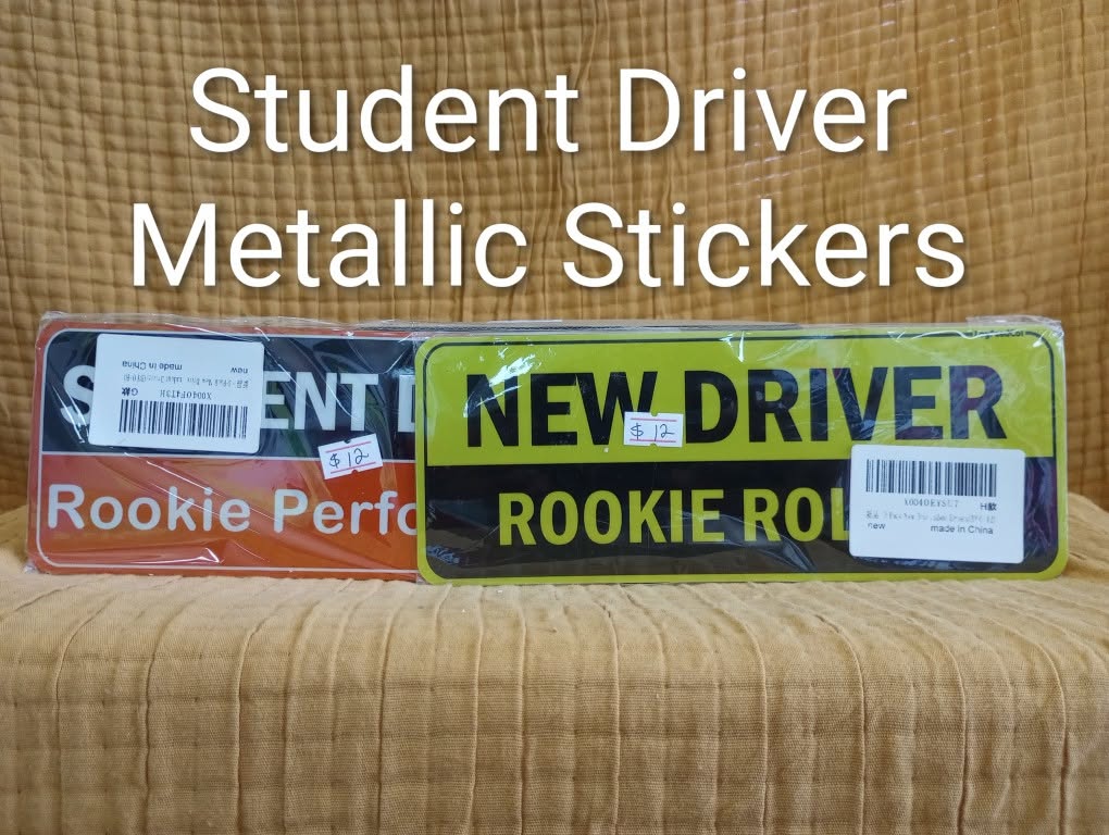 Student driver metallic vehicle stickers in two colors