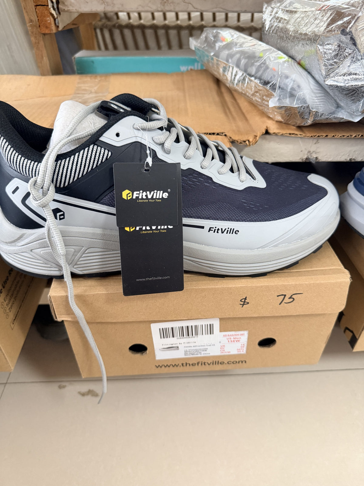 FitVille AllTraction Trail V5 Running Shoe — Black/Dove Grey; size to confirm