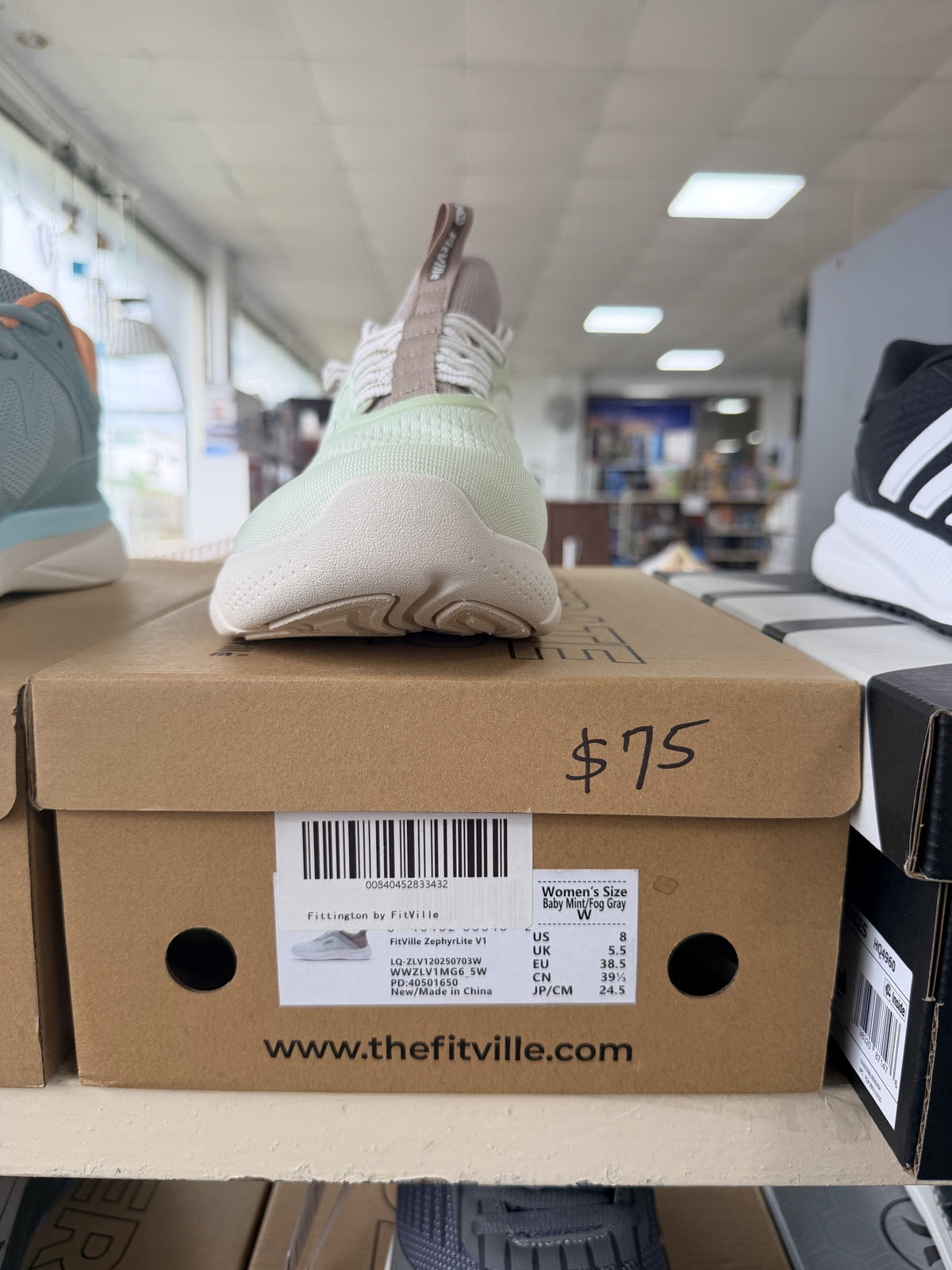 FitVille ZephyrLite V1 Walking Shoe — Baby Mint/Fog Gray; US women's 8 W