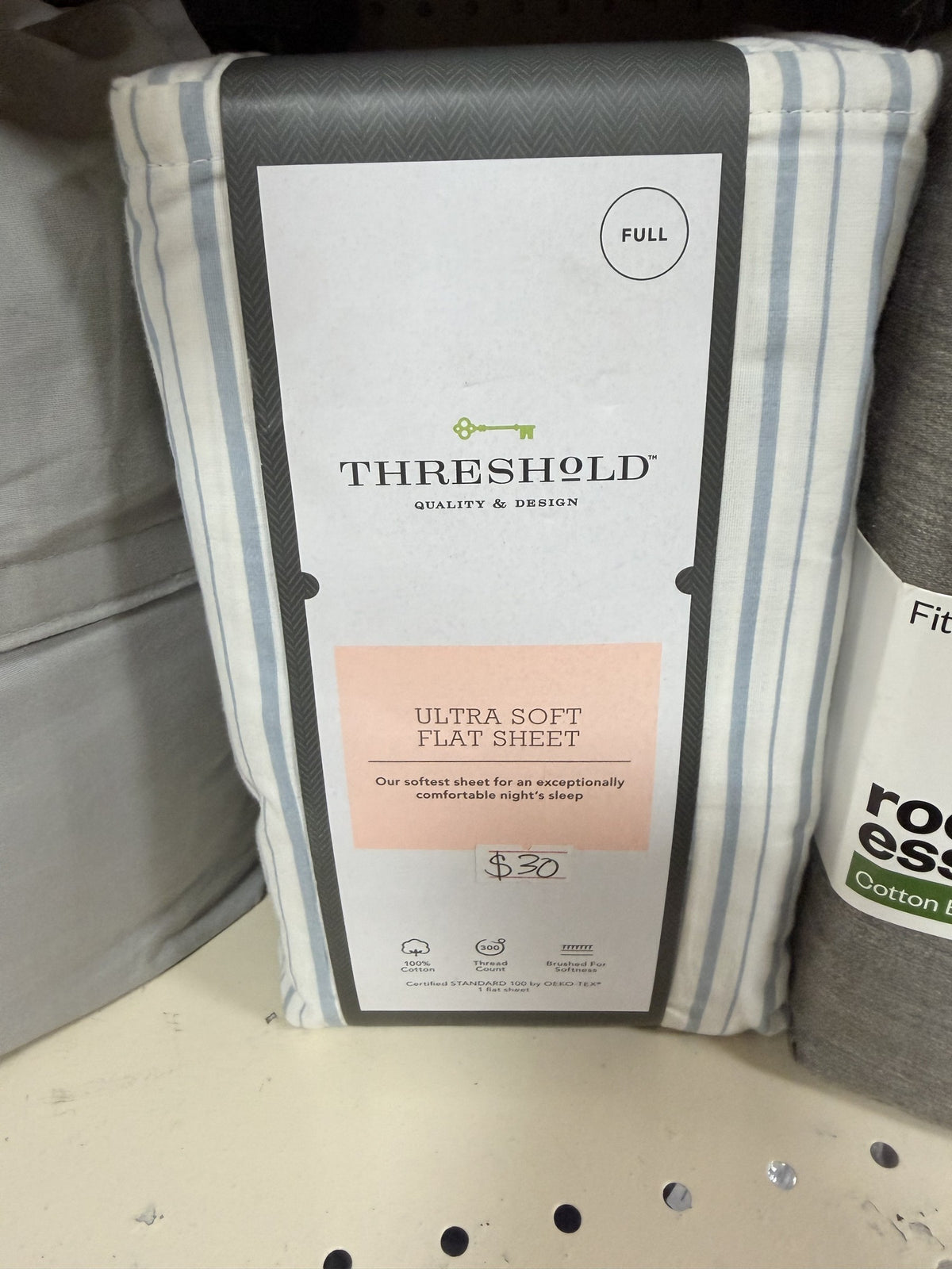 Threshold Ultra Soft 300 Thread Count Flat Sheet — Full; White/Light Blue Stripe