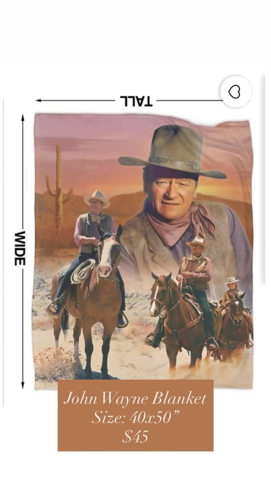 John Wayne western throw blanket, 40 by 50 inches