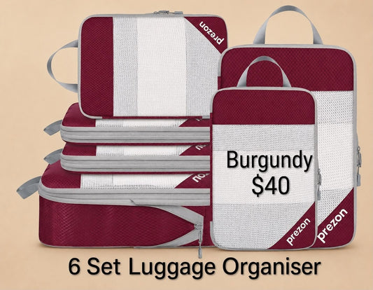 Six-piece burgundy luggage organizer set