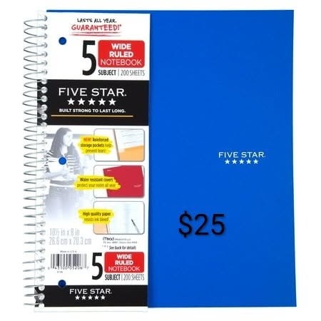 Five Star 5-Subject Wide-Ruled Notebook — 200 Sheets