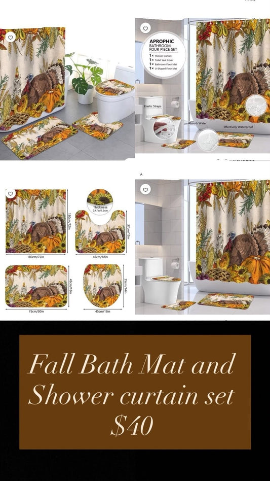 Fall Bathroom Mat and Shower Curtain Set