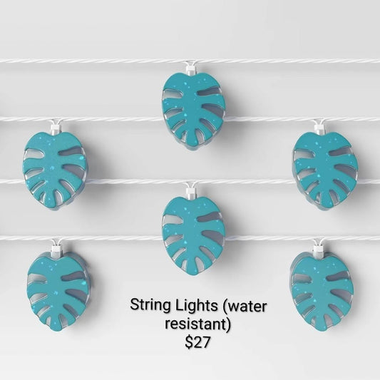 Blue Monstera Leaf String Lights — Water Resistant
