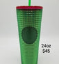 Green Grid Cold Cup with Red Lid — 24 oz