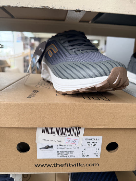 FitVille AllTraction Trail V2 Running Shoe — Charcoal Blue; US men's 8.5 W