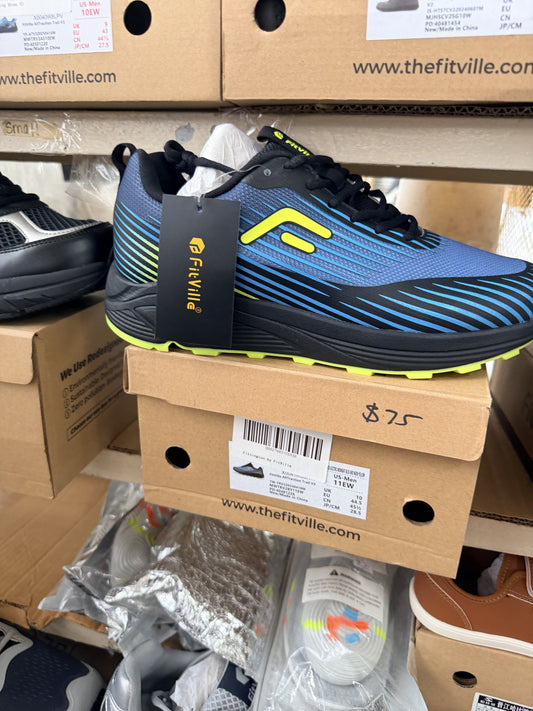 FitVille AllTraction Trail V2 Running Shoe — Electric Midnight Blue/New Yellow; US men's 11 EW