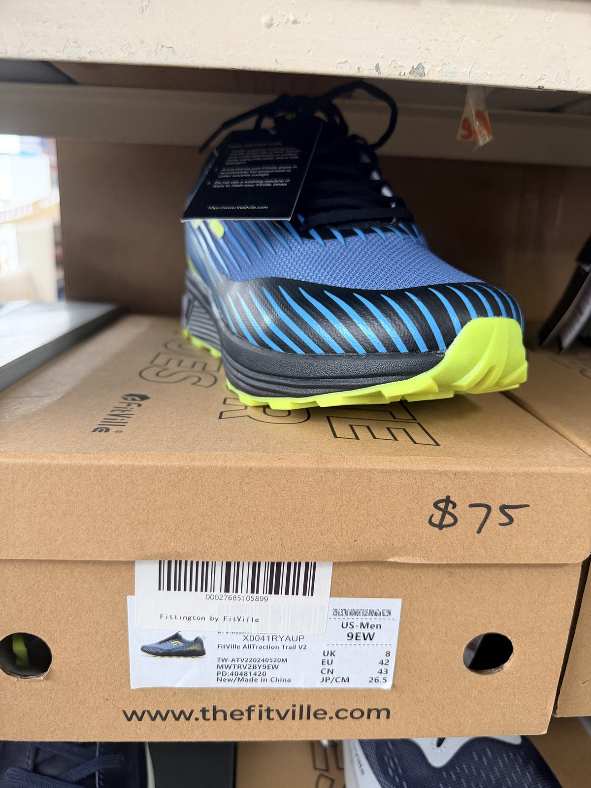 FitVille AllTraction Trail V2 Running Shoe — Electric Midnight Blue/New Yellow; US men's 9 EW