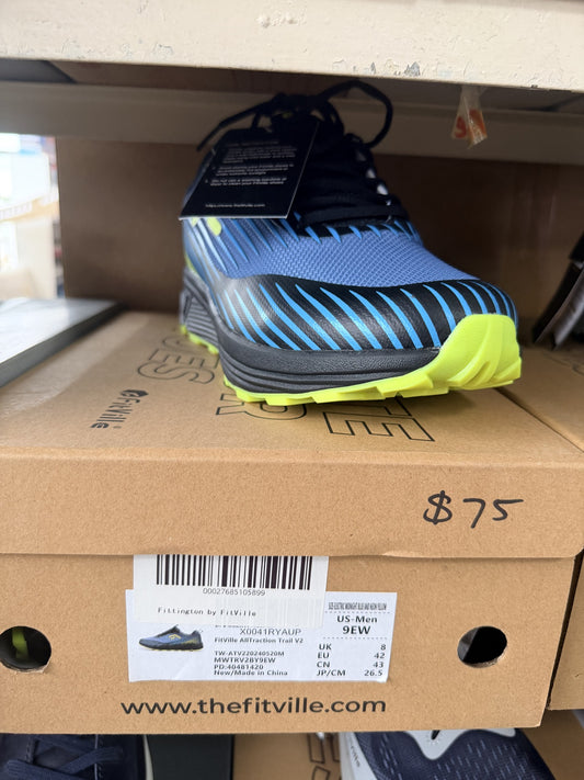 FitVille AllTraction Trail V2 Running Shoe — Electric Midnight Blue/New Yellow; US men's 9 EW