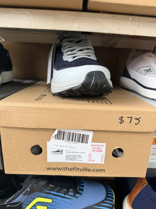 FitVille AllTraction Trail V5 Running Shoe — Black/Dove Grey; US men's 10.5 EW