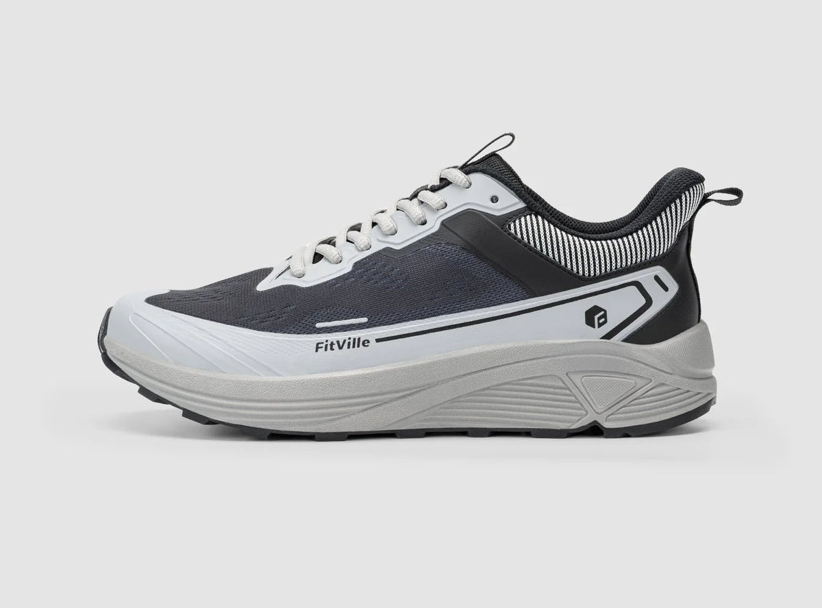 FitVille AllTraction Trail V5 Running Shoe — Black/Dove Grey; US men's 9.5 W