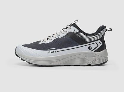 FitVille AllTraction Trail V5 Running Shoe — Black/Dove Grey; US men's 9.5 W