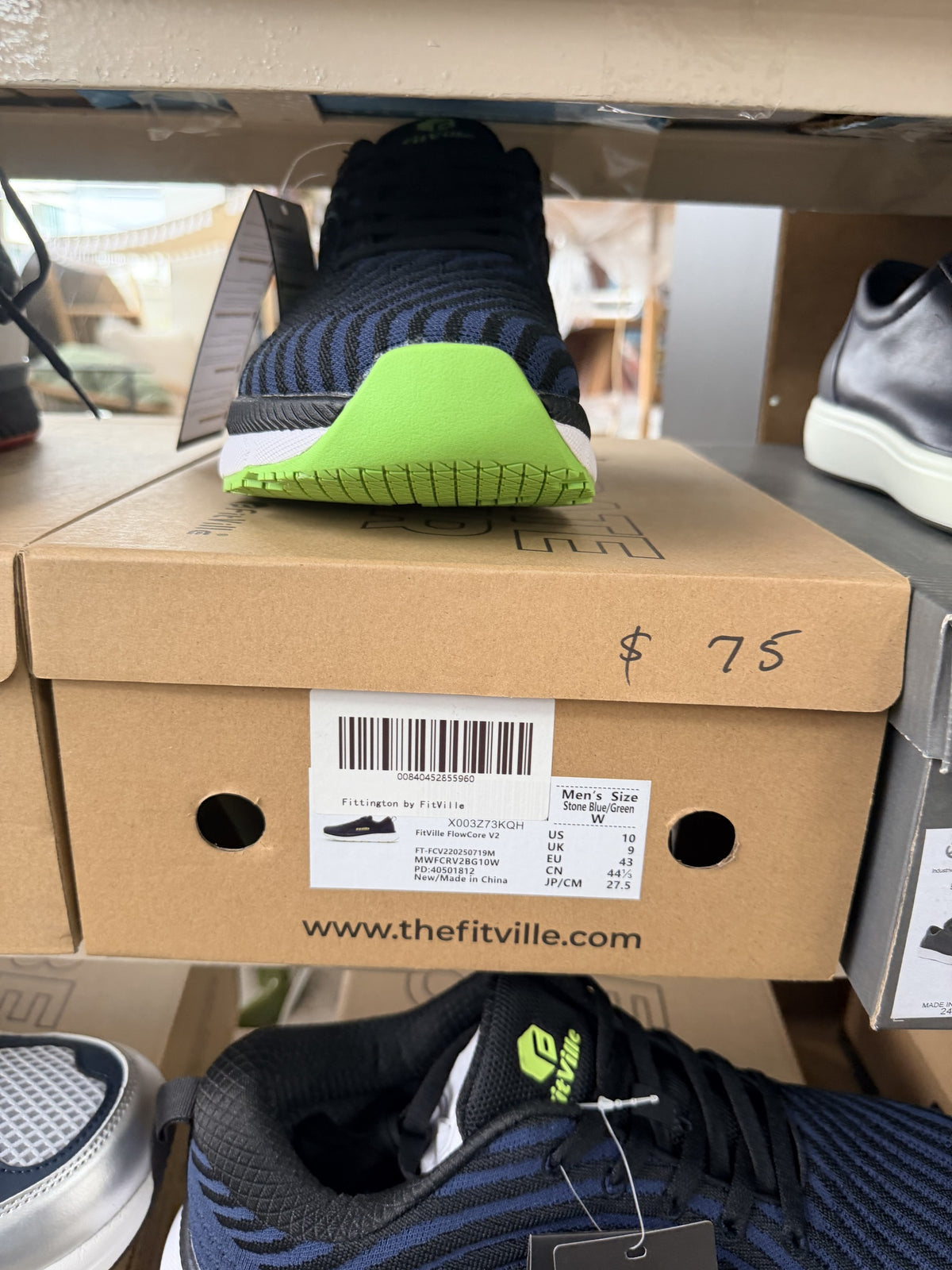 FitVille FlowCore V2 Walking Shoe — Stone Blue/Green; US men's 10 W