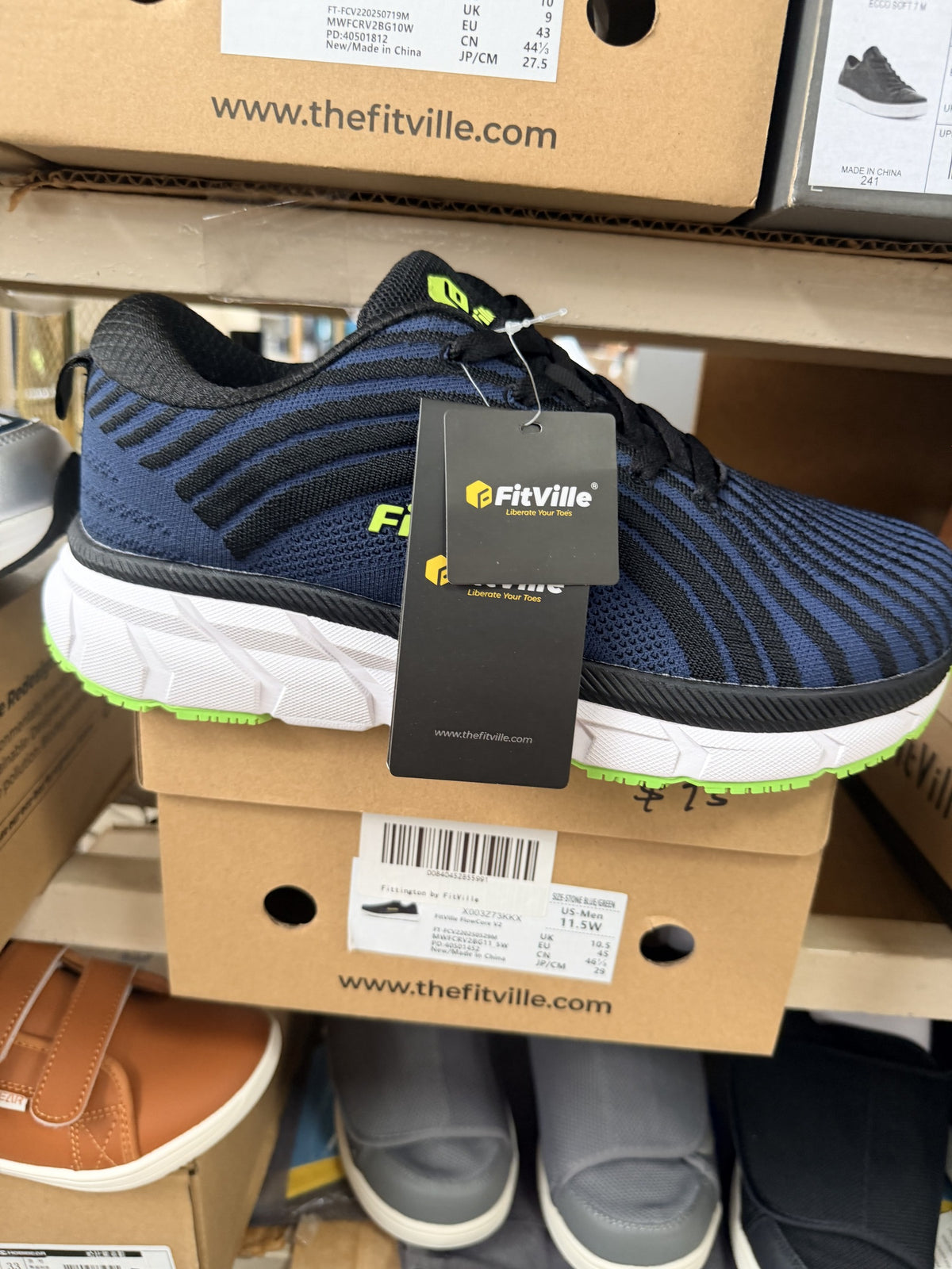 FitVille FlowCore V2 Walking Shoe — Stone Blue/Green; US men's 11.5 W