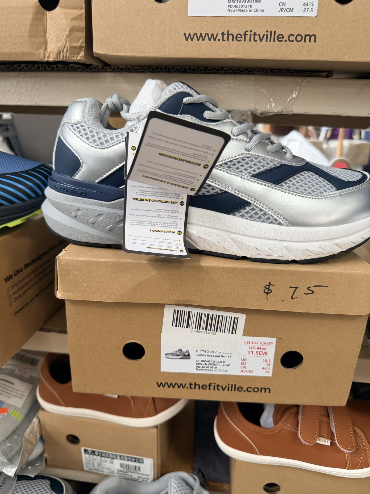FitVille Rebound Neo V6 Walking Shoe — Silver/Navy; US men's 11.5 EW