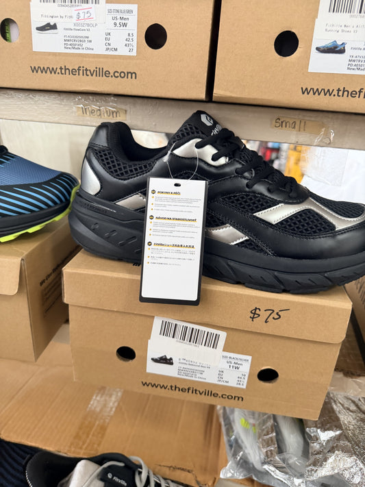 FitVille Rebound Neo Walking Shoe — Black/Silver; US men's 11 W