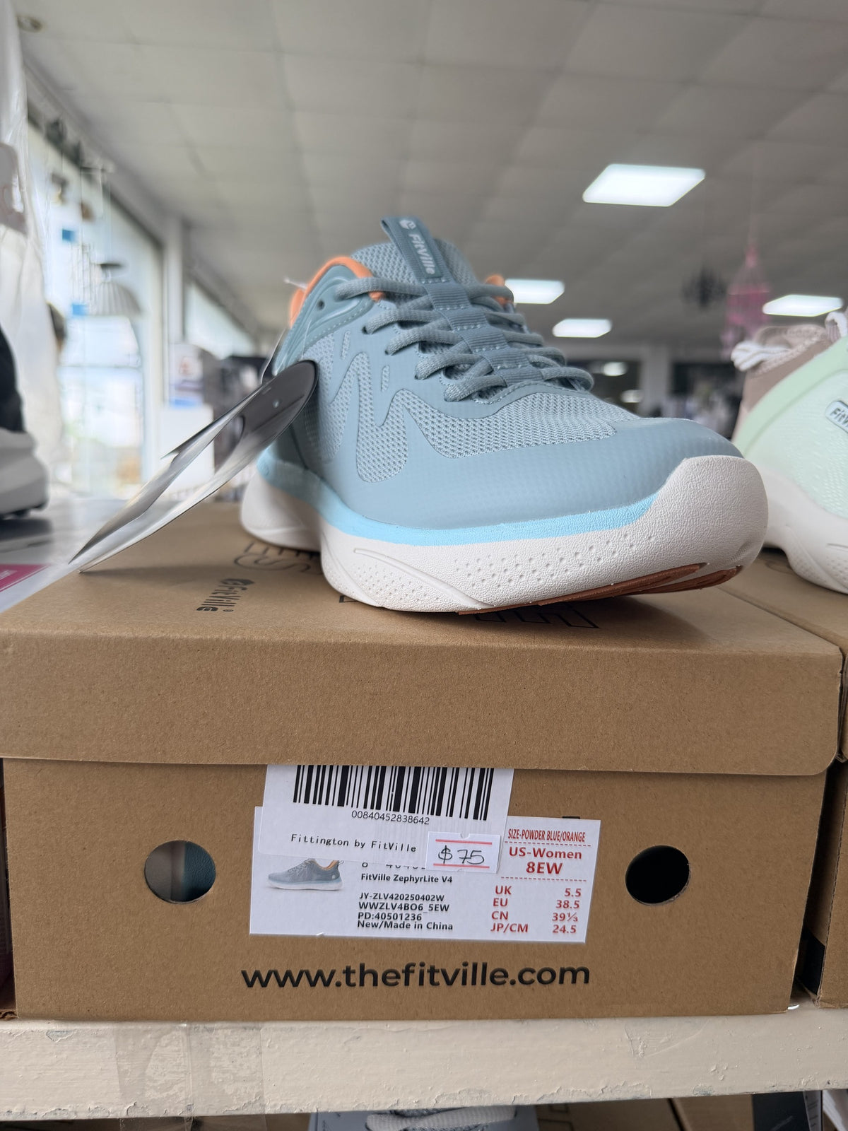 FitVille ZephyrLite V4 Walking Shoe — Powder Blue/Orange; US women's 8 EW
