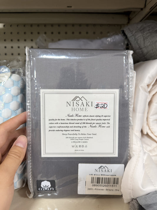 Nisaki Home 200 Thread Count Cotton Sateen Pillowcase Set — King; Dark Gray; 2 pack