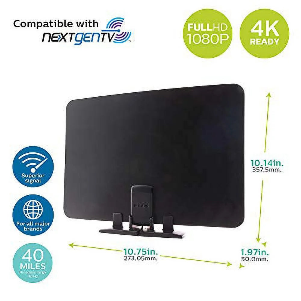 Philips HD Flat Panel Indoor TV Antenna — 40-mile range; black/white reversible