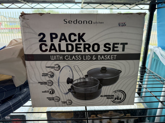 Sedona Kitchen 2-Piece Caldero Set with Glass Lid and Frying Basket — 5 qt and 7 qt; silver