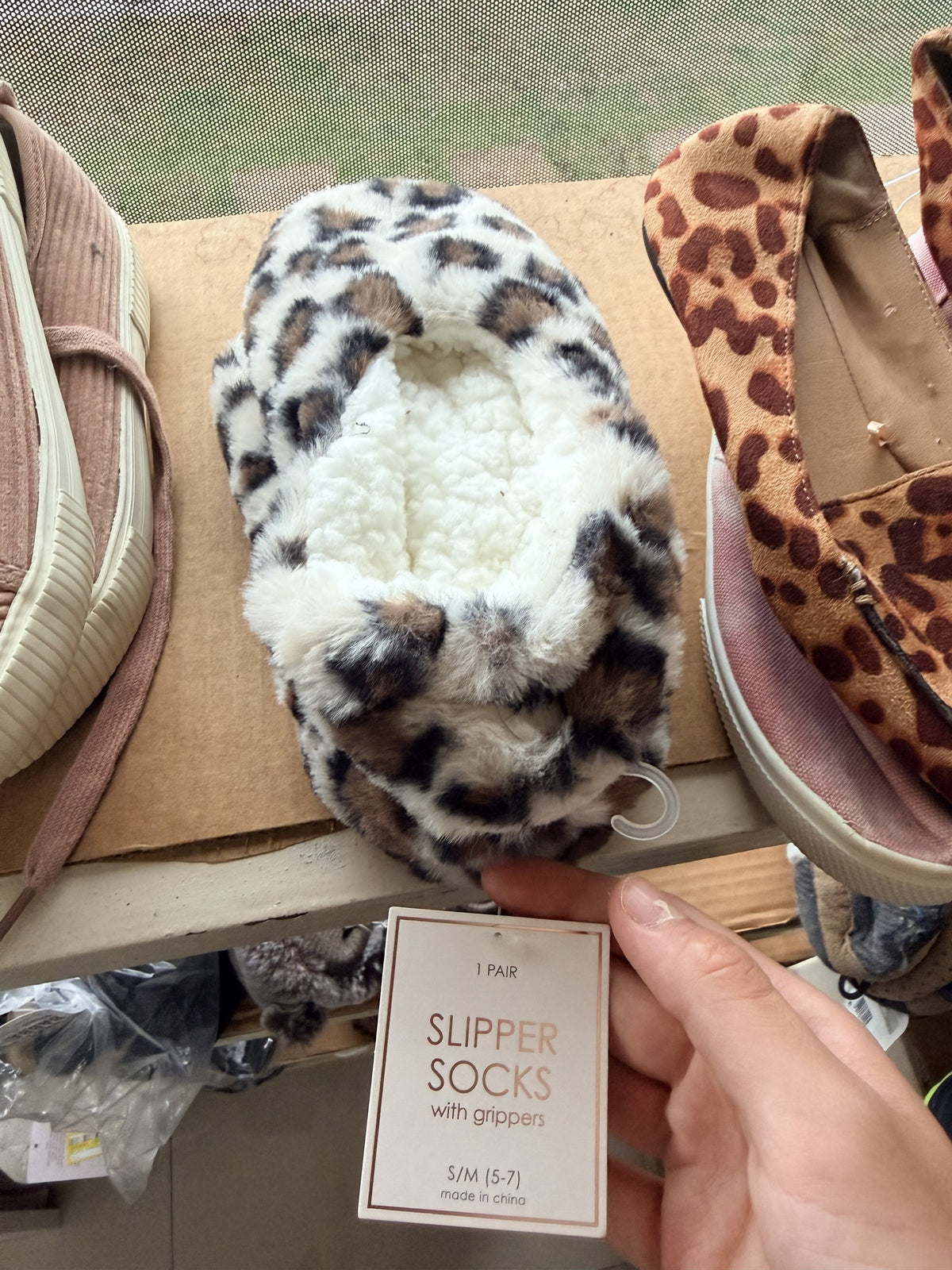 Sherpa-Lined Slipper Socks with Grippers — Leopard print; S/M (5-7)