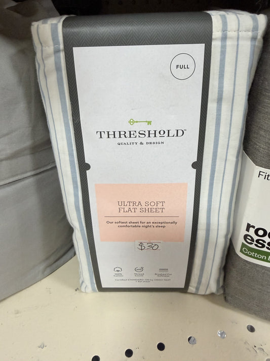 Threshold Ultra Soft 300 Thread Count Flat Sheet — Full; White/Light Blue Stripe