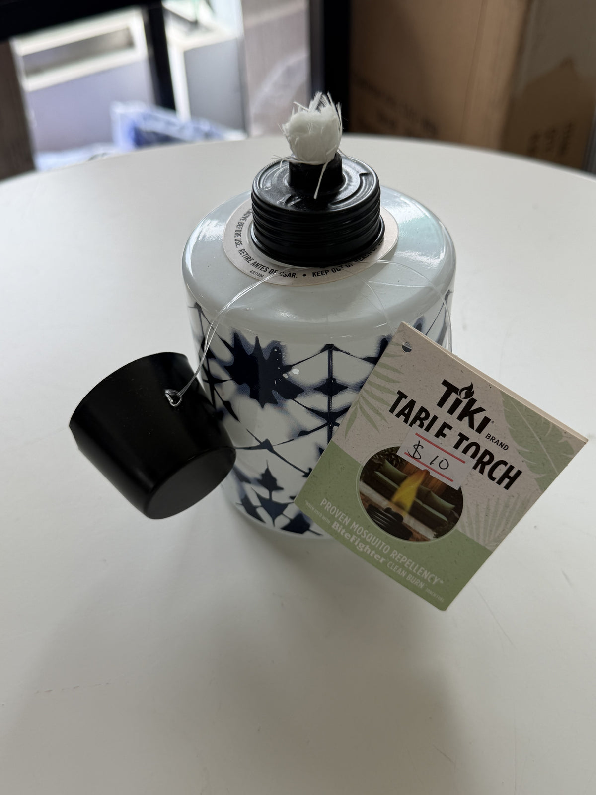 TIKI Brand Tie Dye Glass Table Torch — Blue/White tie dye