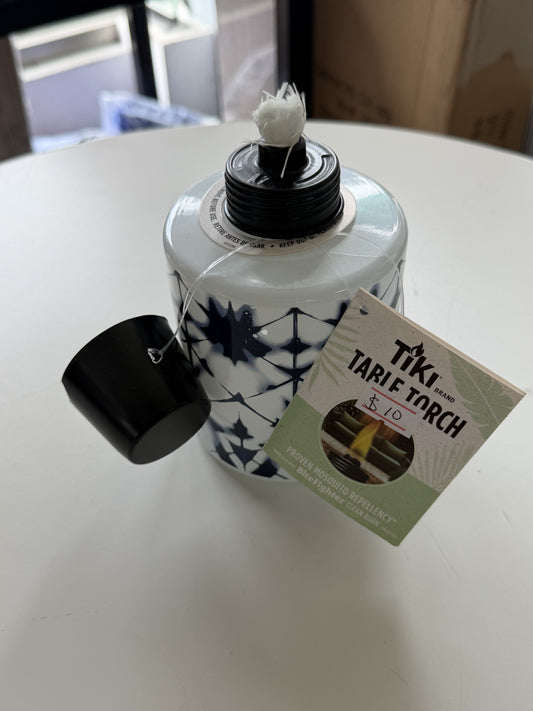TIKI Brand Tie Dye Glass Table Torch — Blue/White tie dye