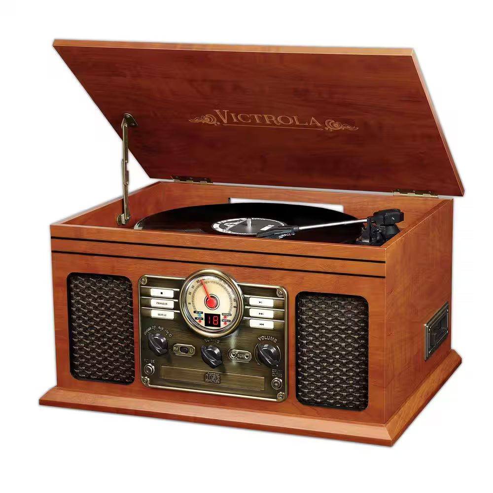 Victrola The Hawthorne 6-in-1 Bluetooth Record Player Music Center — Mahogany/Dark Wood