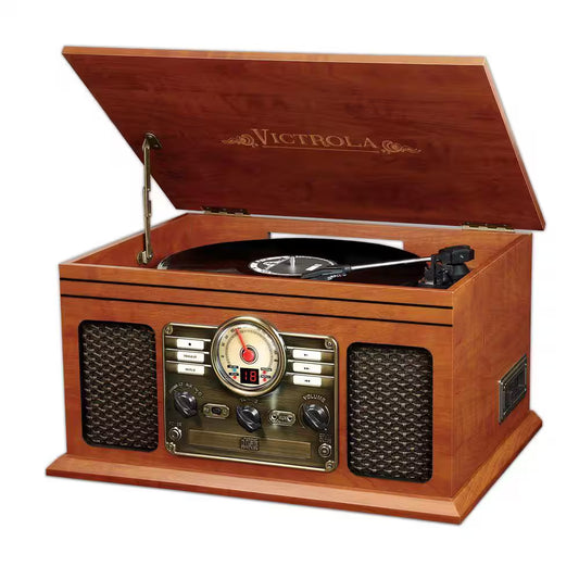 Victrola The Hawthorne 6-in-1 Bluetooth Record Player Music Center — Mahogany/Dark Wood
